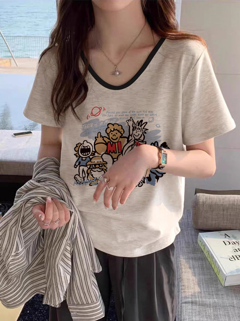 Designer Shirt Plus Size Cotton V-neck Regular Shoulder Short Sleeve T-shirt For Women 2025 Fashion New Summer Style For Slightly Chubby Women Designer Hoodie