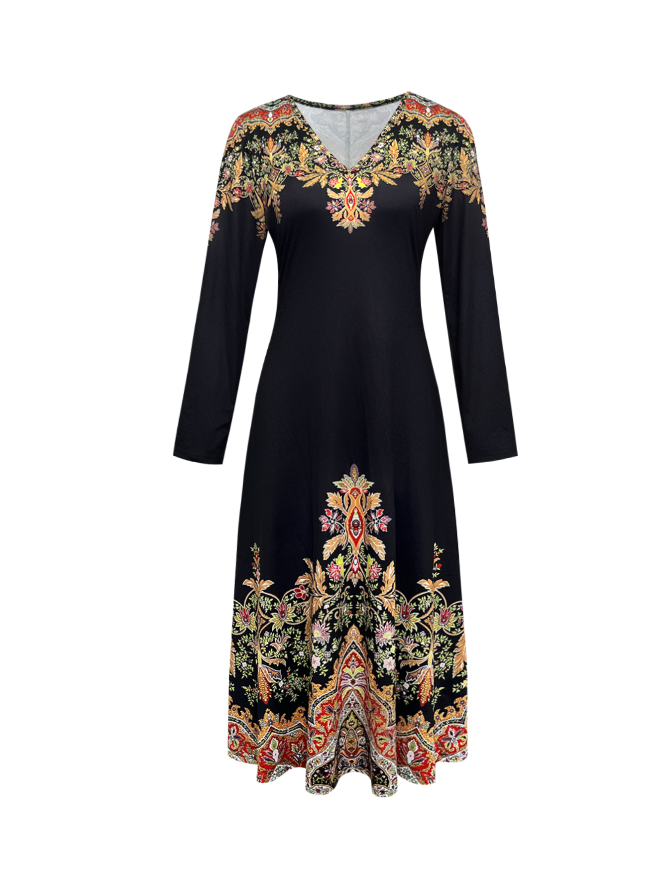 Women's Autumn Winter New Plant - Printed Long - Sleeve Dress - Casual & Versatile Black Midi Dress-CF56280