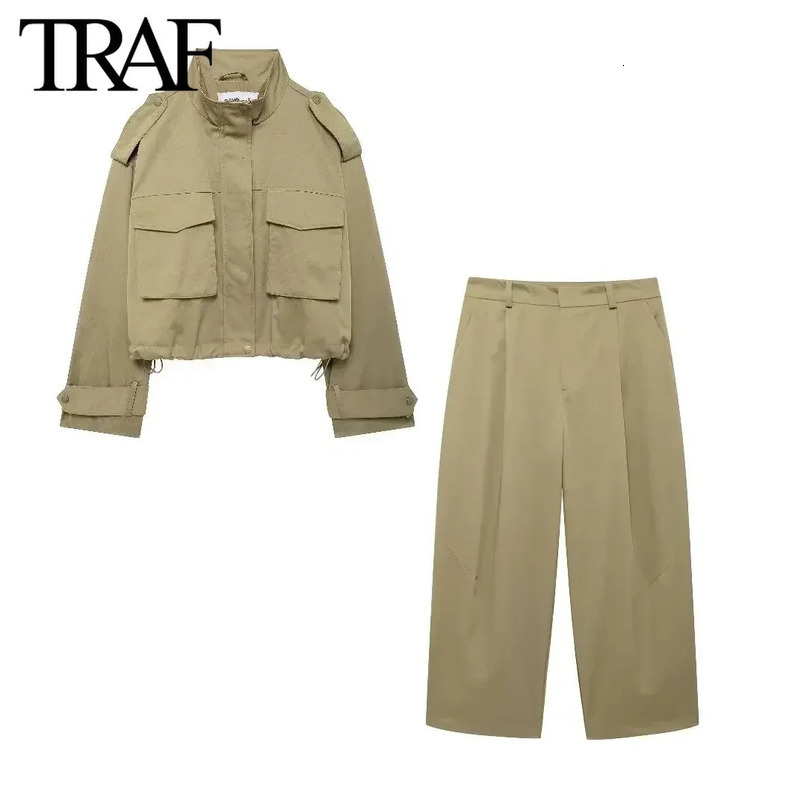 TRAF Womens Fashion Drawstring Bottom Pocket Long Sleeve Zipper Collar Jacket High Waist Folded Pants Two Piece Set 241008