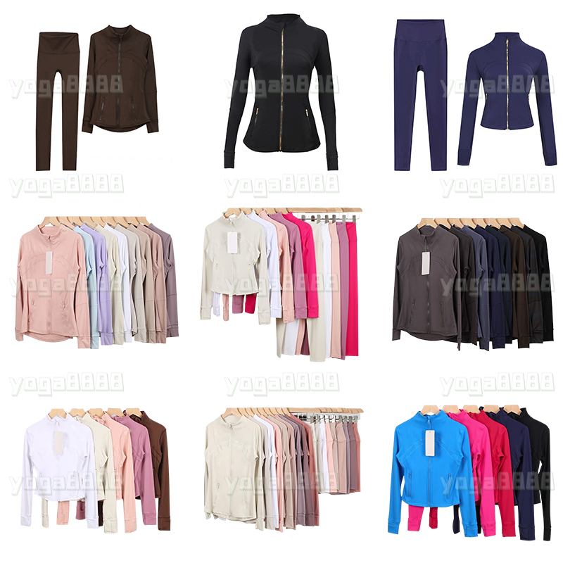 Free Shipping Womens Yoga Sets Long Clothes Sleeves Jacket Outfit Solid Color Nude Shaping Waist Fitness Jogging Sportswear Activewear Leggings Gym Sets Workout