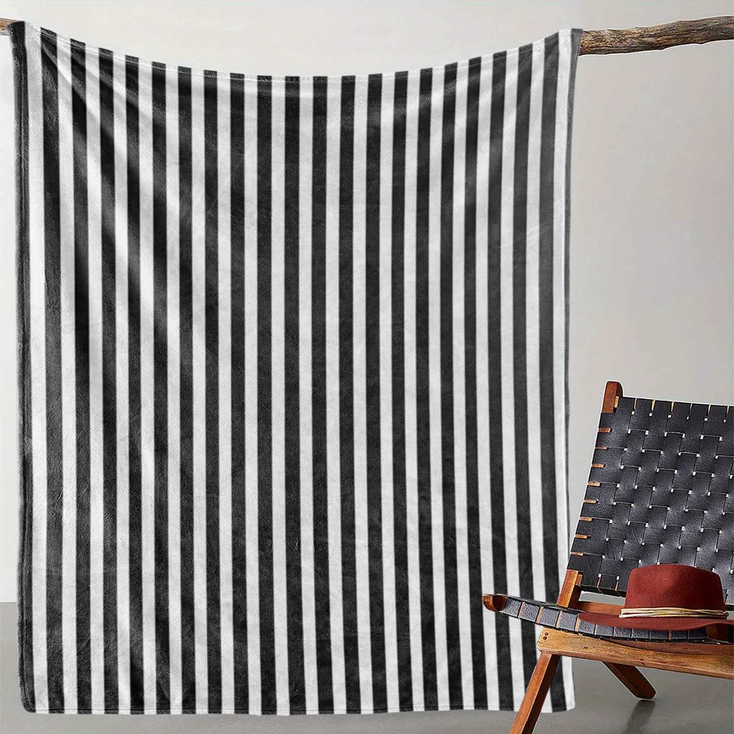 1pc Retro Striped Flannel Blanket Soft Warm AllSeason Throw for Sofa Bed Car Camping Office Cozy Black White Stripes Home C251011