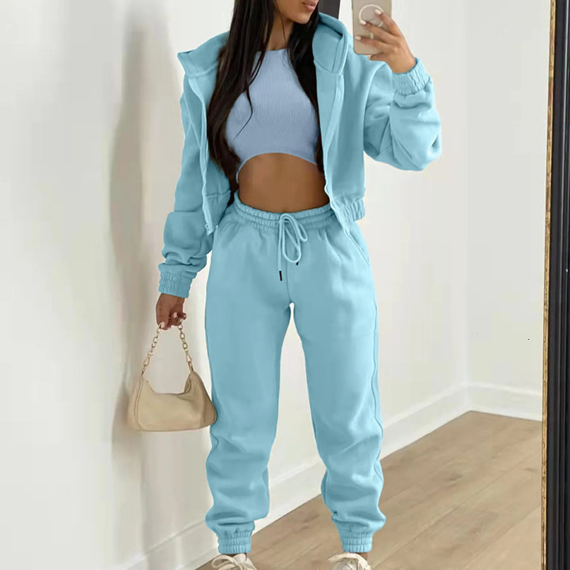 Womens 3piece casual long sleeved zipper hooded sweatshirtribbed vestwaist sports pants jogging set 241008
