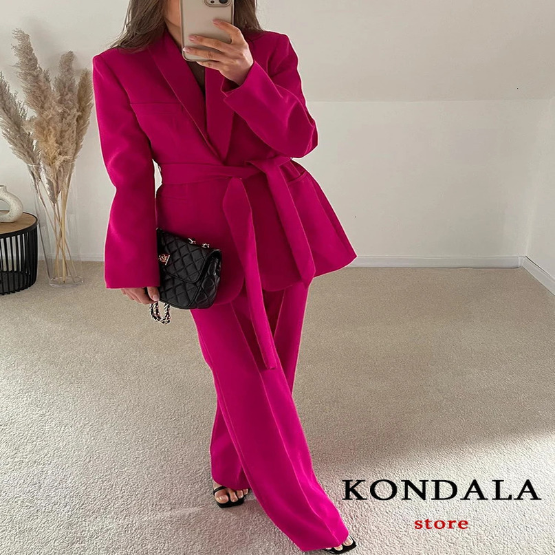 Kondala Retro Solid Lace Womens Office Set Fashion Long Sleeve Vneck Bow Belt Oversized Jacket Wide Leg Pants 241115