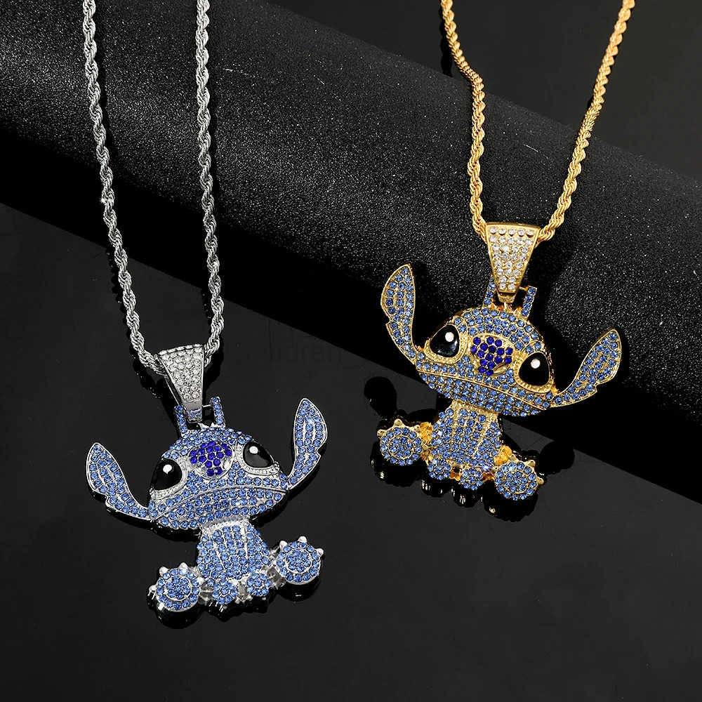 Disney Lilo and Stitch Hip Hop Necklace Kawaii Stitch Full Rhinestones Pendant Necklace Fashion Jewelry Anime Neck Chains Gifts H2510111