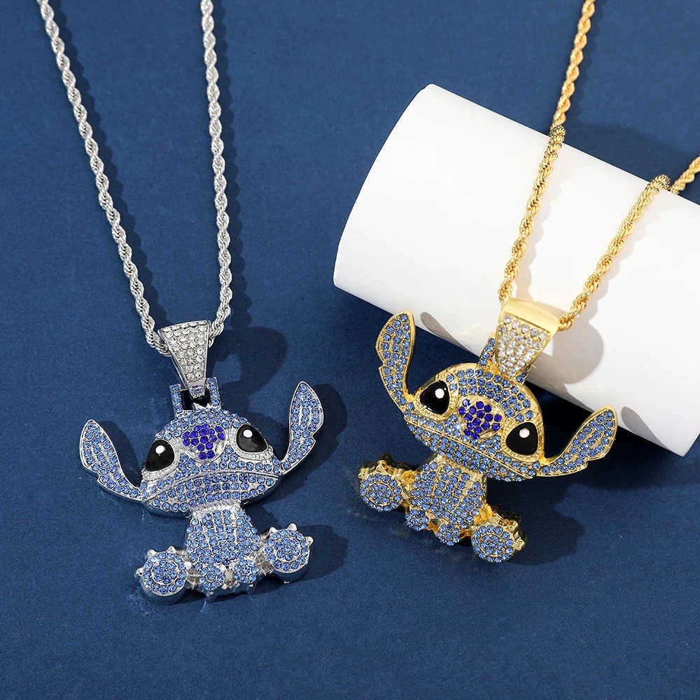 Disney Lilo and Stitch Hip Hop Necklace Kawaii Stitch Full Rhinestones Pendant Necklace Fashion Jewelry Anime Neck Chains Gifts H2510111