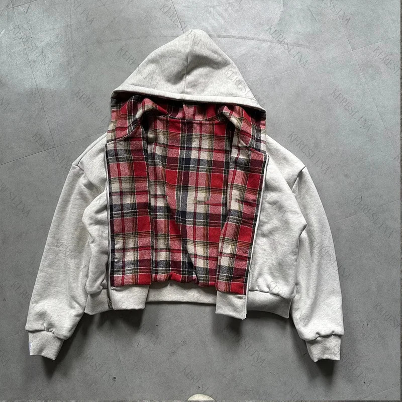Hiphop streetwear twopiece plaid cardigan hooded sweatshirt jacket American retro fashion allmatch unisex emo 251008