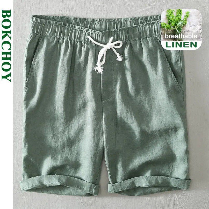 Summer Simple 100% Linen Shorts for Men Clothing Solid Color Streetwear Pants B8103 240619