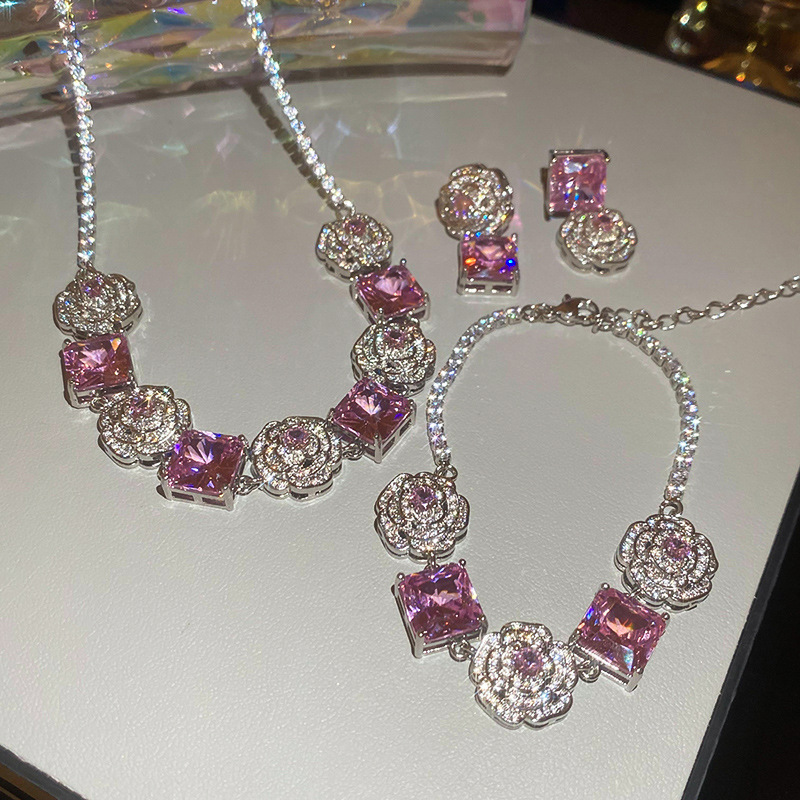 Zircon Flower Square Bracelet Necklace Set Fashionable Elegant Collarbone Chain Light Luxury High-end Versatile Earrings Jewelry - view 6