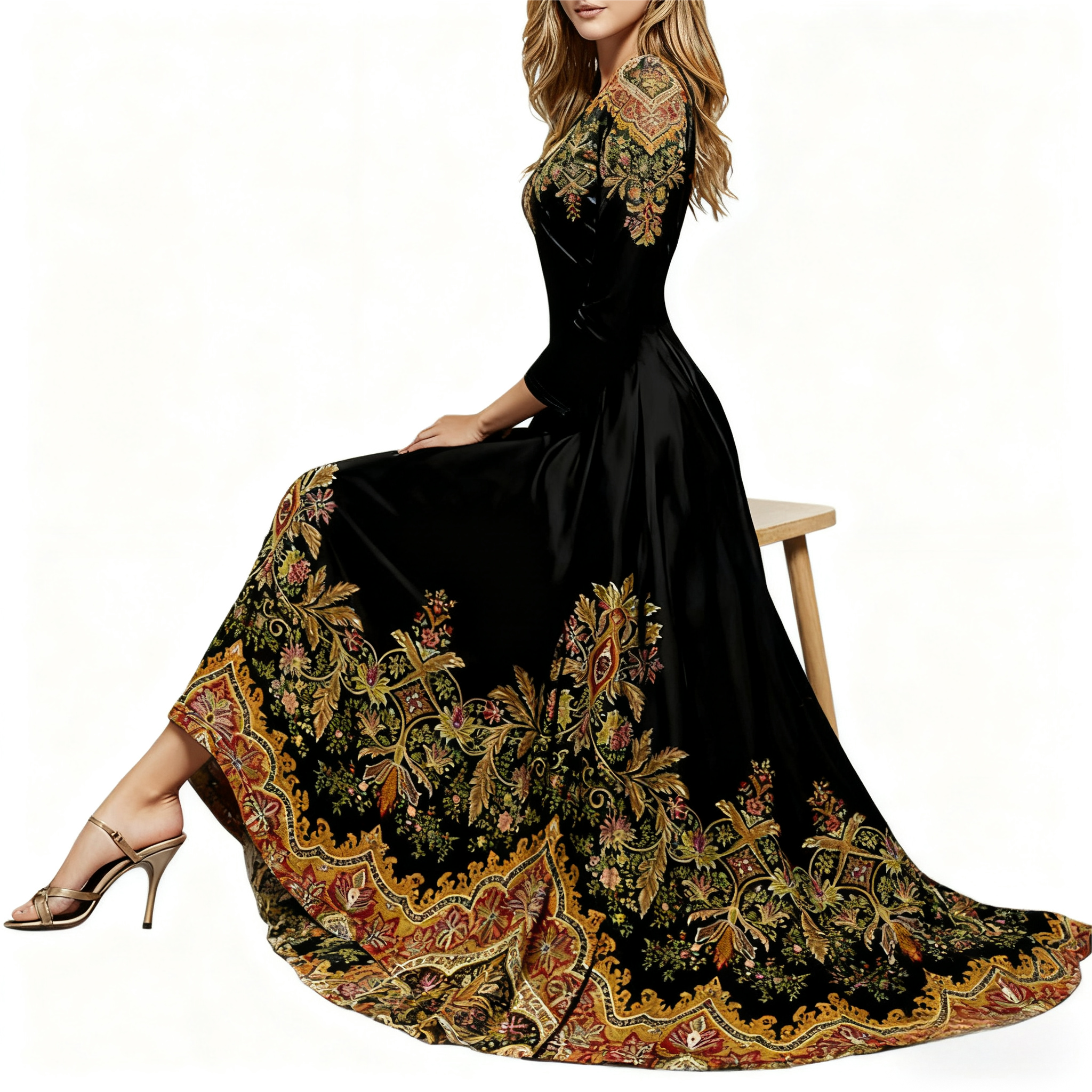 Women's Autumn Winter New Plant - Printed Long - Sleeve Dress - Casual & Versatile Black Midi Dress-CF56280