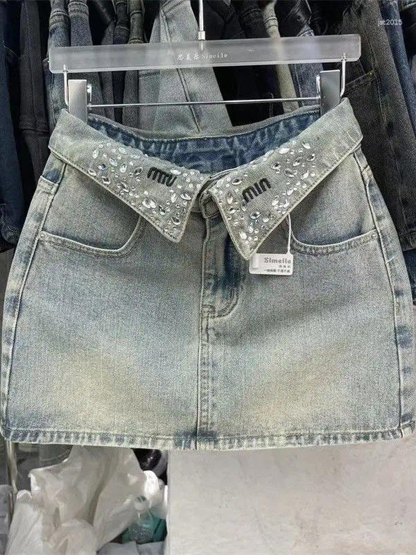 Skirts Retro Lapel Diamond Encrusted Ort Skirt Asymmetric Casual Sle Girls Mid Waist Design Embellied With Button Closure