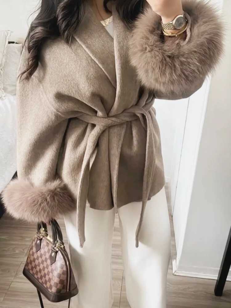 Solid Lace Up Woolen Short Coat Women Ele Loose Lapel Furry Belt Long Sve Jacket 2025 Autumn Lady Comter OutwearXJ251011