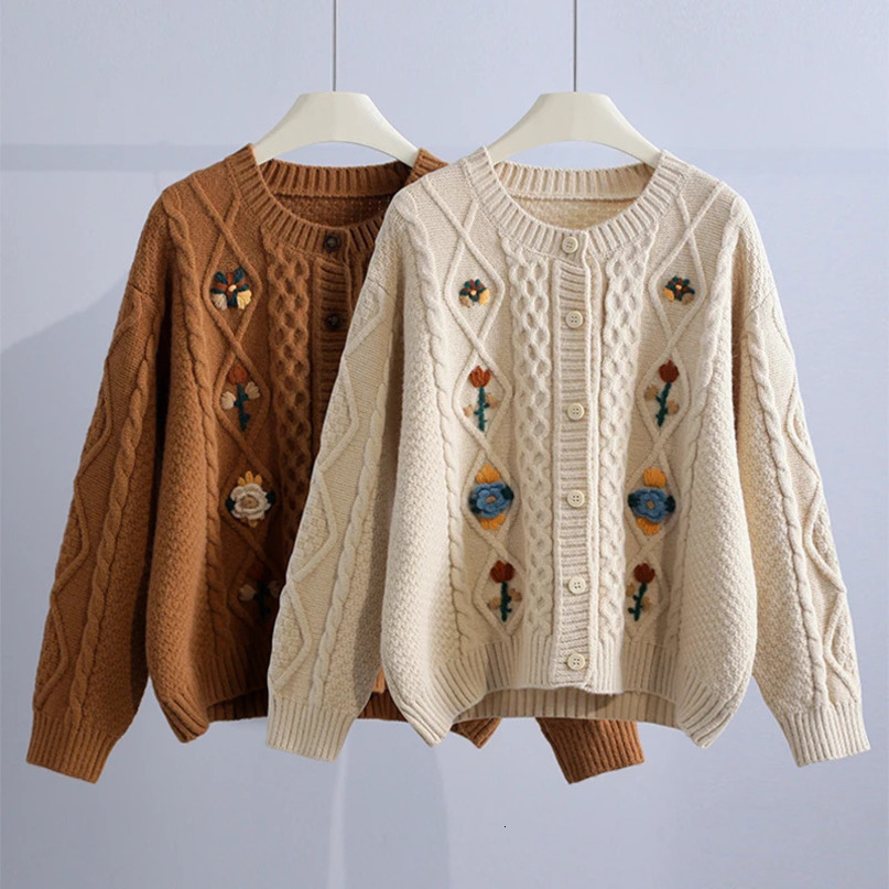 ABRINI Women Vintage Embroidery Oneck Sweater Cardigan Single Breasted Thickened Loose Knit Coat Fall Winter Warm Casual 241021