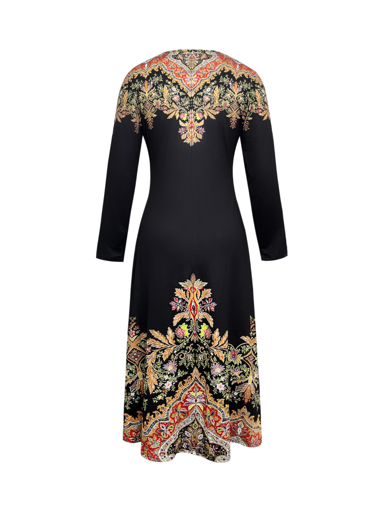 Women's Autumn Winter New Plant - Printed Long - Sleeve Dress - Casual & Versatile Black Midi Dress-CF56280