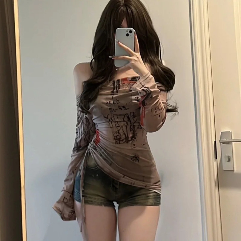 Long Sleeve Tshirt Spicy Girl Style One Shoulder Womens Thin Mesh Screen Graffiti Print Irregular Drawstring Top 250729