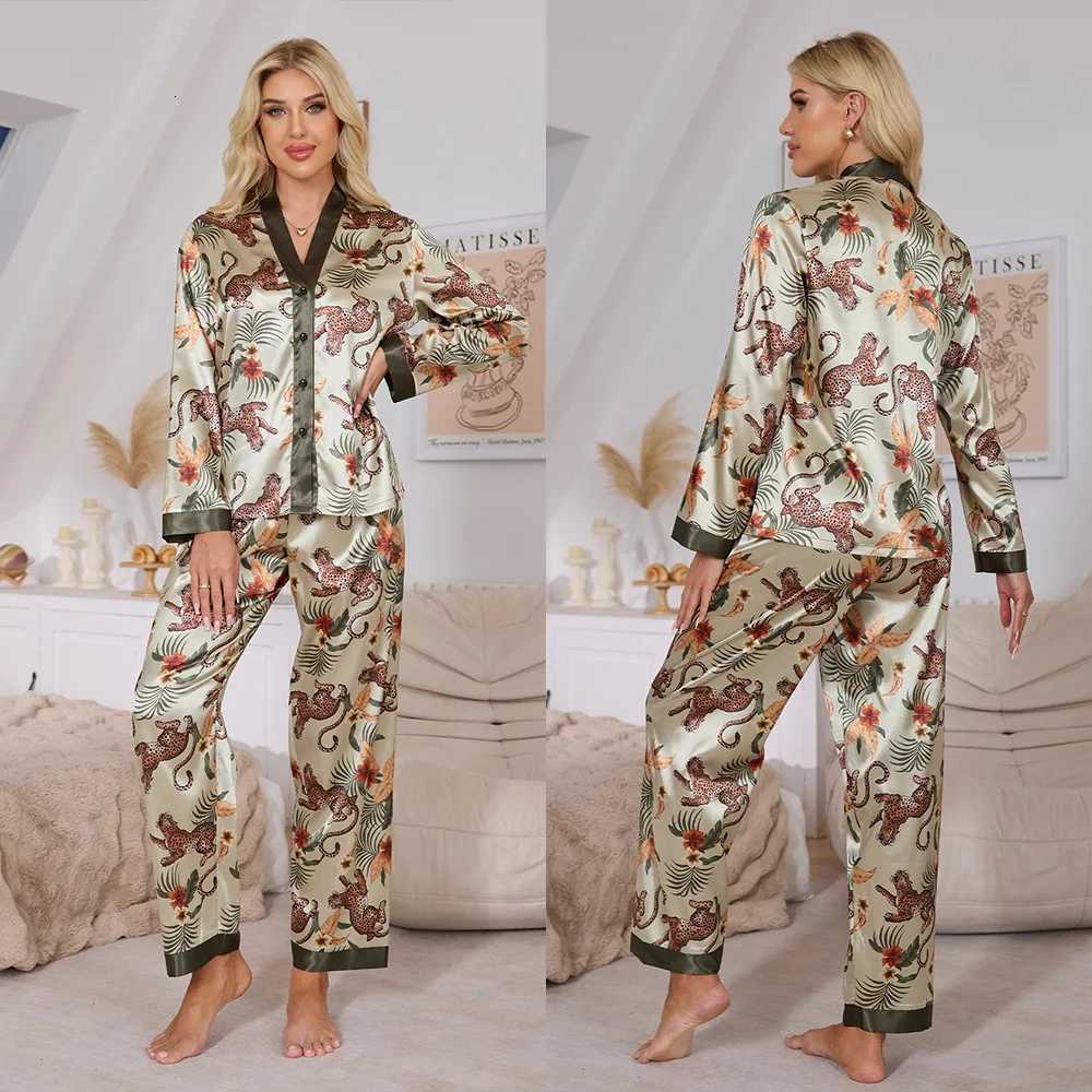 New Women Pajamas Set Sleepwear Sexy Print Leopard Long Sleeve Cardigan Trouser Pijamas Suit Spring Satin Home Wear Loungewear Y251010