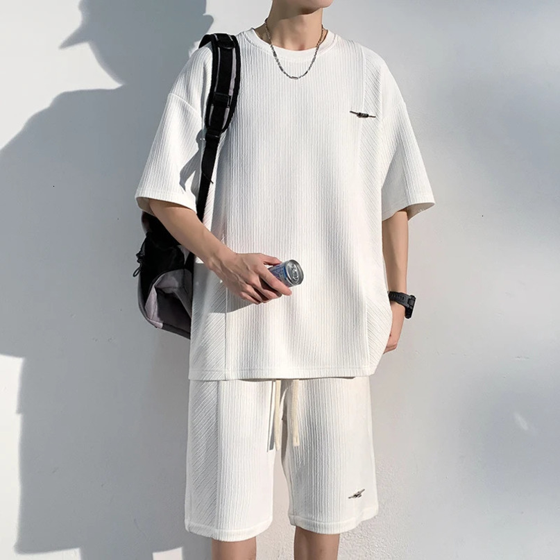 Mens Shorts Tshirt Set Summer Texture Ice Silk Smooth Draping Youth Short Sleeve Solid 240601