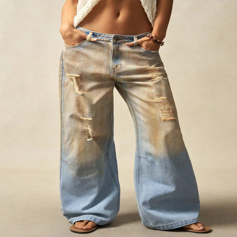 American style highend streetwear faded ripped denim womens pants collection 250612