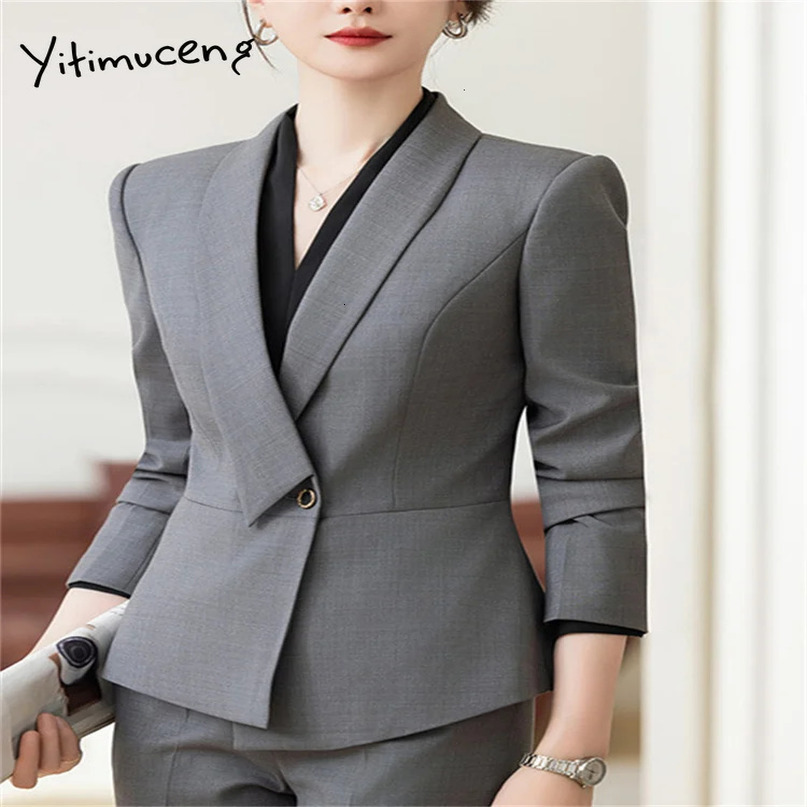 Yitimuceng Formal Work Pants Suits Korean Office Womens Solid Ultra Thin Long Sleeve Jacket Pencil Two Piece Set 241115
