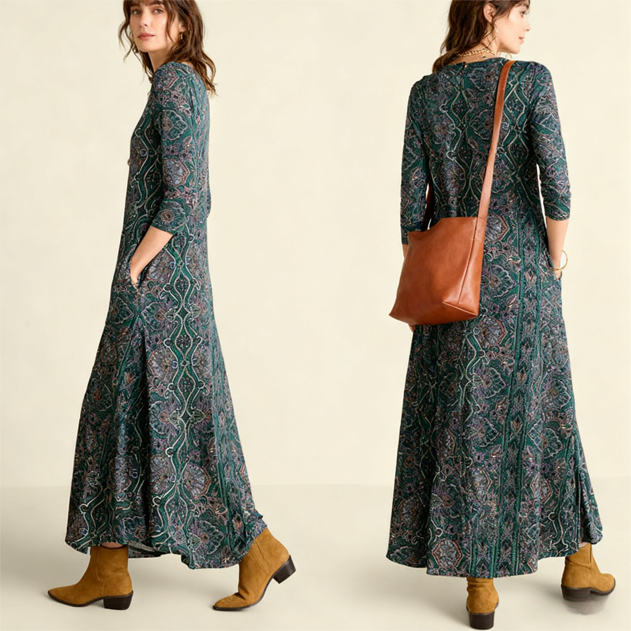 Women's Autumn Winter New Floral Printed Maxi Dress - Versatile Commute & Casual Dark Teal Dress-CF42328
