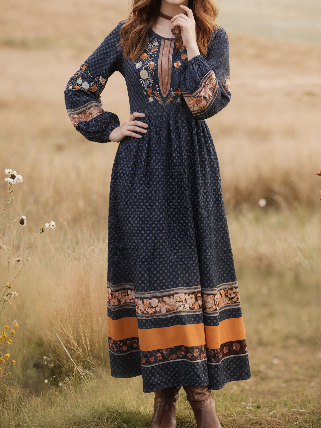 Women's Autumn Winter New Floral Printed Maxi Dress - Casual Versatile Vacation Round - Neck Long - Sleeve Dress-CF56278