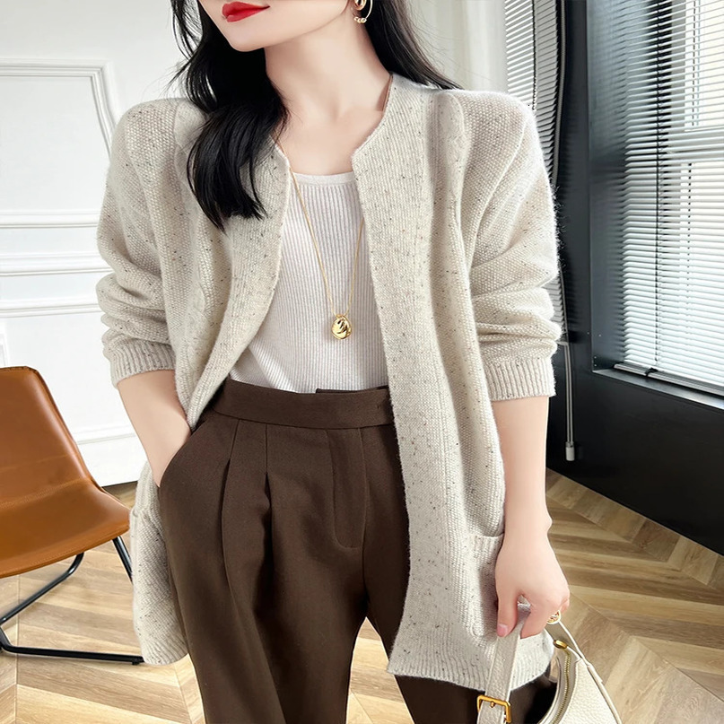 Womens Cashmere Cardigans Autumn Winter Sweater 100% Merino Wool Knitwear Long Sleeve Pockets Chic Casual Dot Clothing Tops 241203