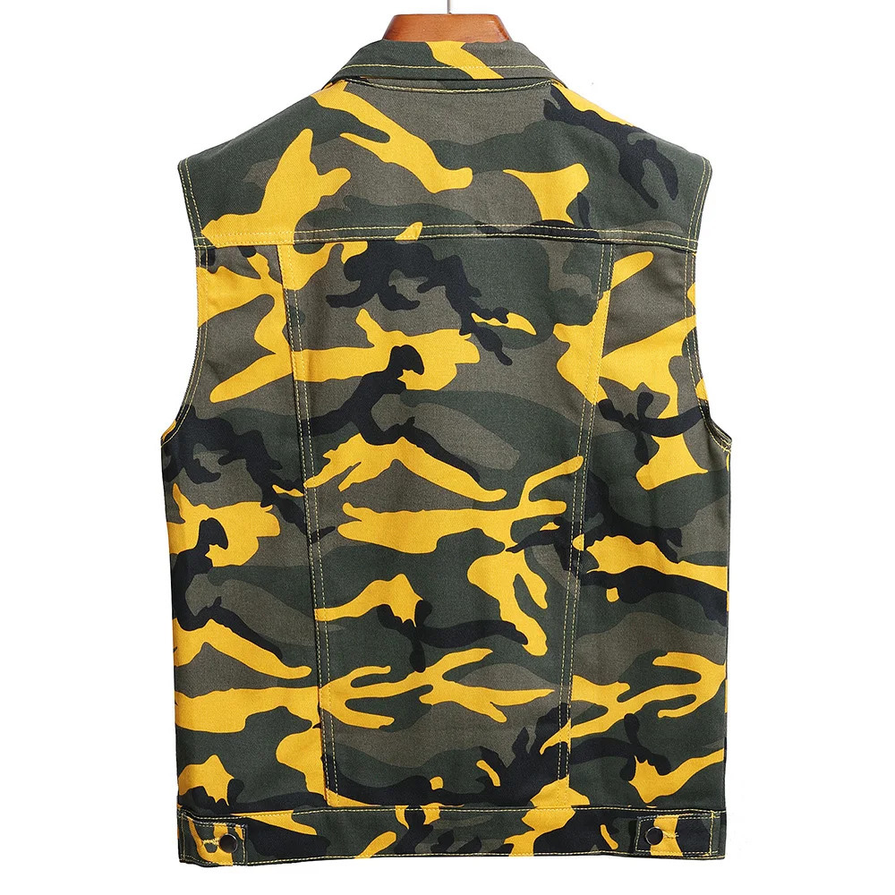 Men Camouflage Denim Vest Causal Loose Cotton Coat Streetwear Outerwear Yellow Red Green 251010
