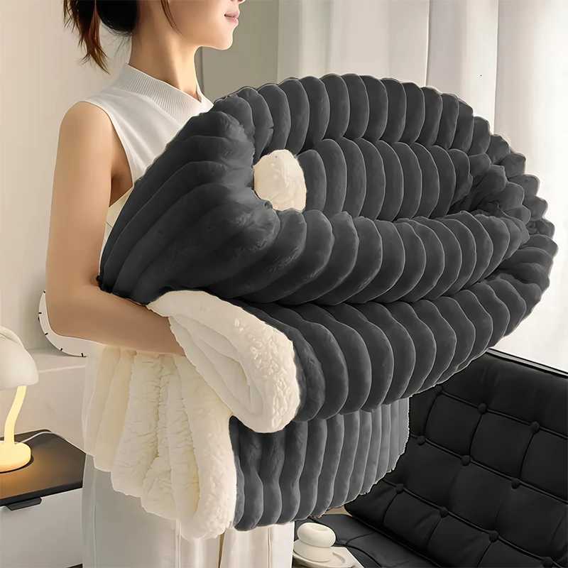 1pc Weighted Sherpa Fleece Blanket Soft Warm Faux Rabbit Fur Softness Beige White Striped Contemporary Bedspread for Bed C251011