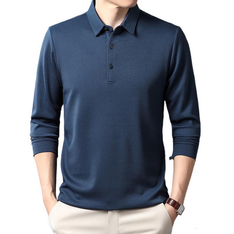 Middle-aged Waffle Long Designer Shirt Sleeve Designer Hoodie T-shirt Men's Casual Autumn Wear Men's Base Shirt Turn-down Collar Polo Shirt 