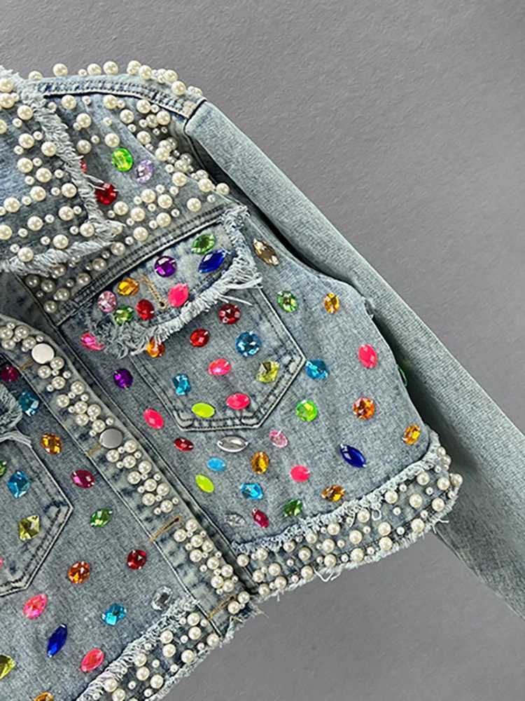 DEAT Womens Denim Coat Full Pearls Colored Beaded Crystal Long Slve Cool Burrs Female Jackets 2025 Summer New Fashion 29L4067 L251010VPV1