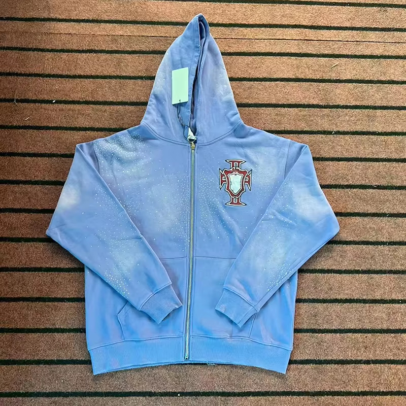 Washed Black Hole Set with Diamonds Fashion Men High Street Women Streetwear American Streetwea zipper Hoodies