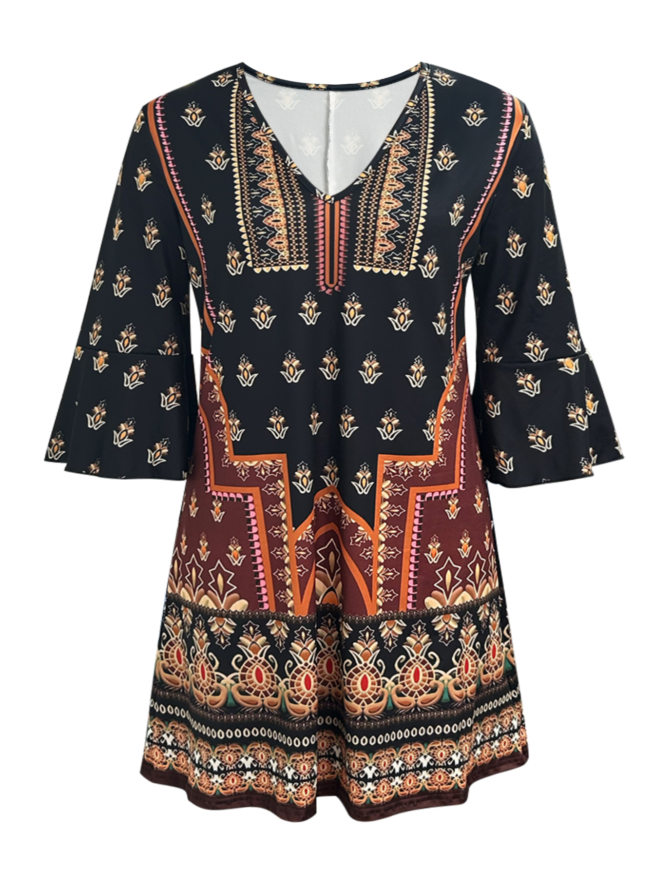 Women's Autumn New Plus - Size Ethnic - Style Printed Dress - Elegant & Versatile Office - Wear Black Dress-YL25404