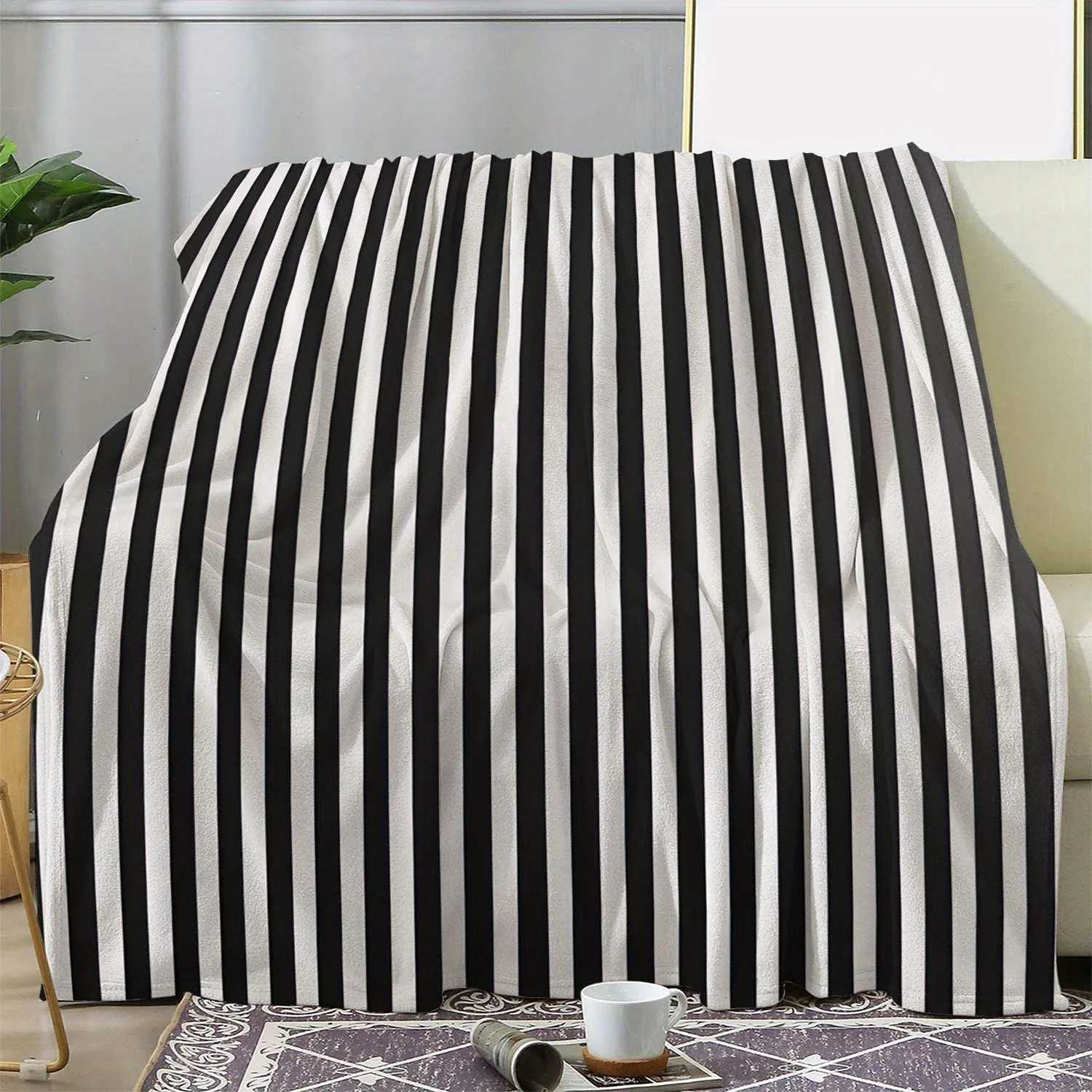 1pc Retro Striped Flannel Blanket Soft Warm AllSeason Throw for Sofa Bed Car Camping Office Cozy Black White Stripes Home C251011