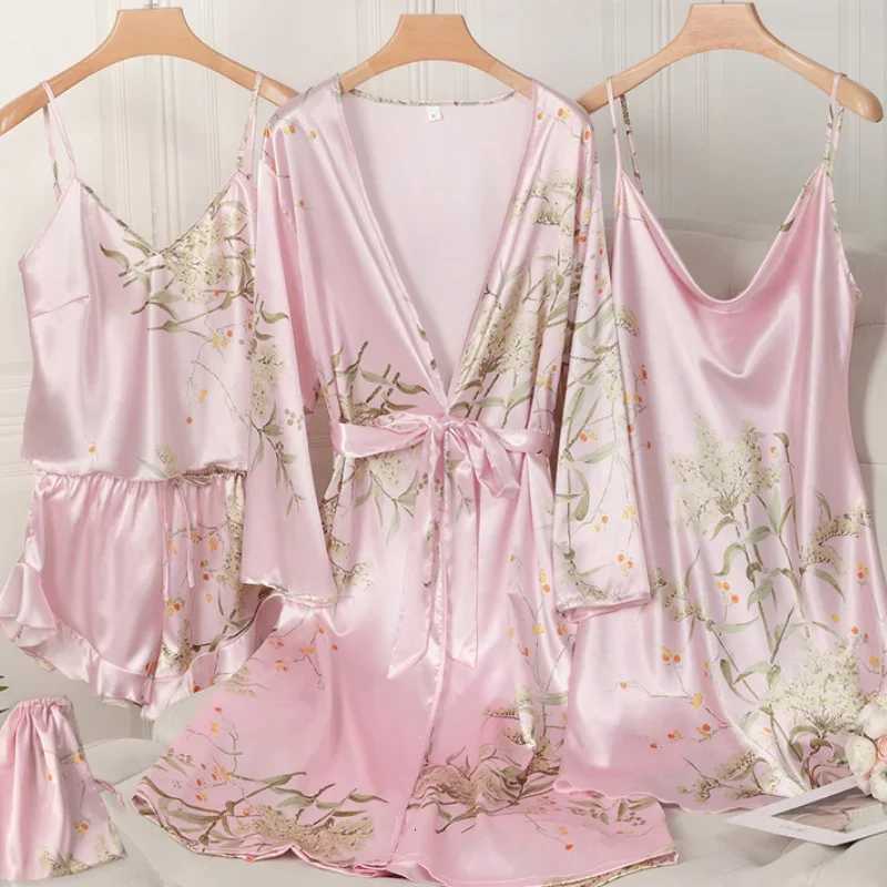 Spring Summer New Female Pajamas 4Pcs Set Print Cherry Sleepwear Kimono Bathrobe Gown Loose Satin Home Clothes Loungewear Pyjama Y251010