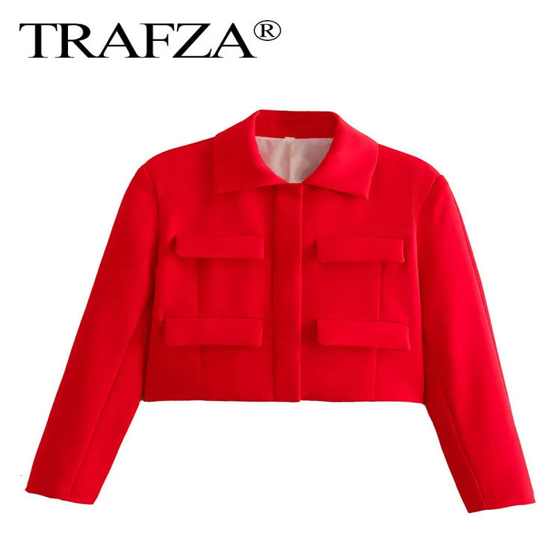 TRAFZA Spring Jacket For Women Slim Cropped Coat Elegant Solid Long Sleeve Front Flap Pocket Outerwear Fashion Streetwear 240715
