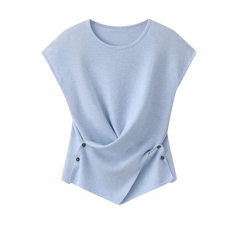 Blue Flutter Sleeve Short Sleeve T-shirt For Women Summer Plus Size Designer Shirt Fashion Versatile Irregular Button Cross Design Designer Hoodie Waist Slimming