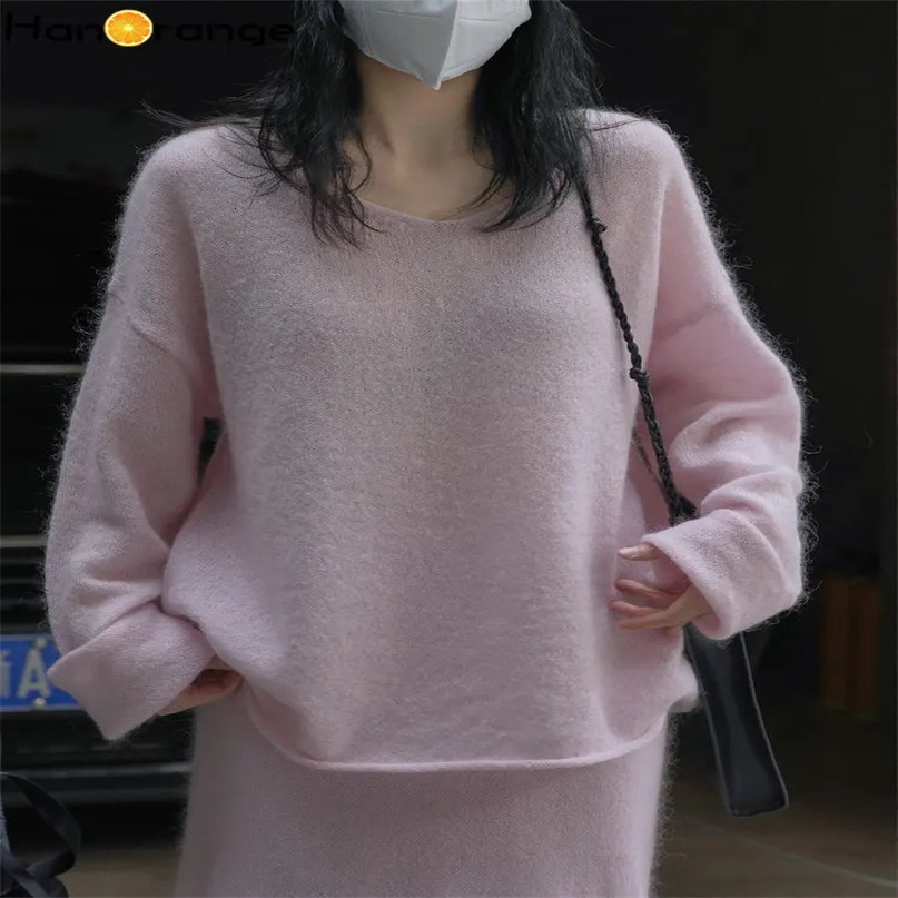 HanOrange Spring Lazy Vneck Mohair Sweater Women Loose Comfortable Hollow Knit Top Female Pinkcoffee 250731