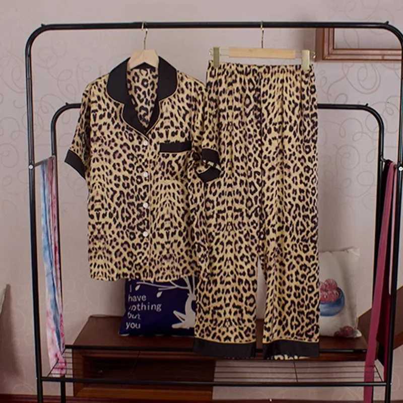 Spring and Summer Ladies Ins Korean New Sexy Leopard Ice Silk Pajamas Young Ladies ShortSleeved Long Pants Home Wear Nightgowns Y251010