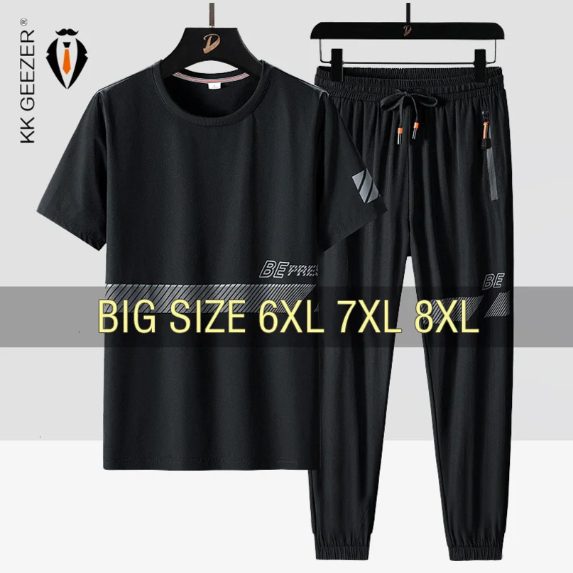 Men T Shirt Suit Pants 2 Piece Set Oversize 6XL 7XL 8XL Plus Size Short Sleeve Black Tshirts Summer Fashion Loose Drop 240518