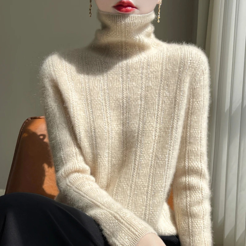 High Neck 100%Merino Wool Sweater Womens Hollow Out AutumnWinter Solid Color Diamond Warm And Soft Knit Jumper Top 241021