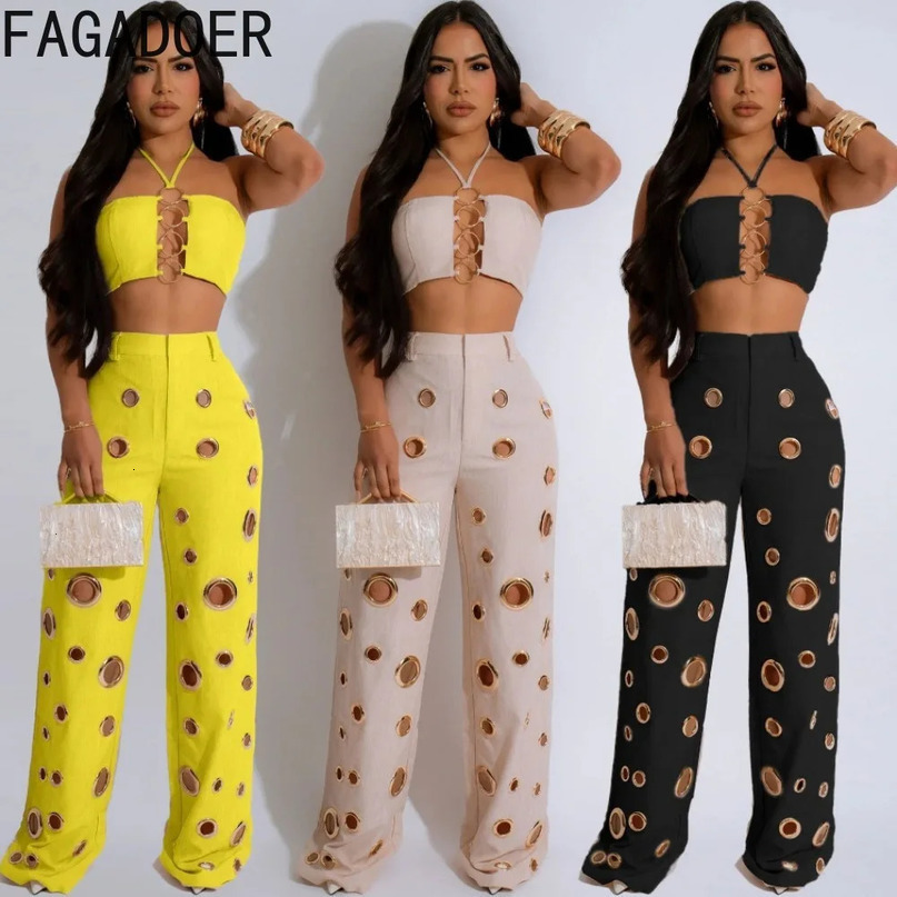 FAGADOER sexy solid hole wide leg pants streetwear womens sleeveless backless crop top and twopiece set 241008