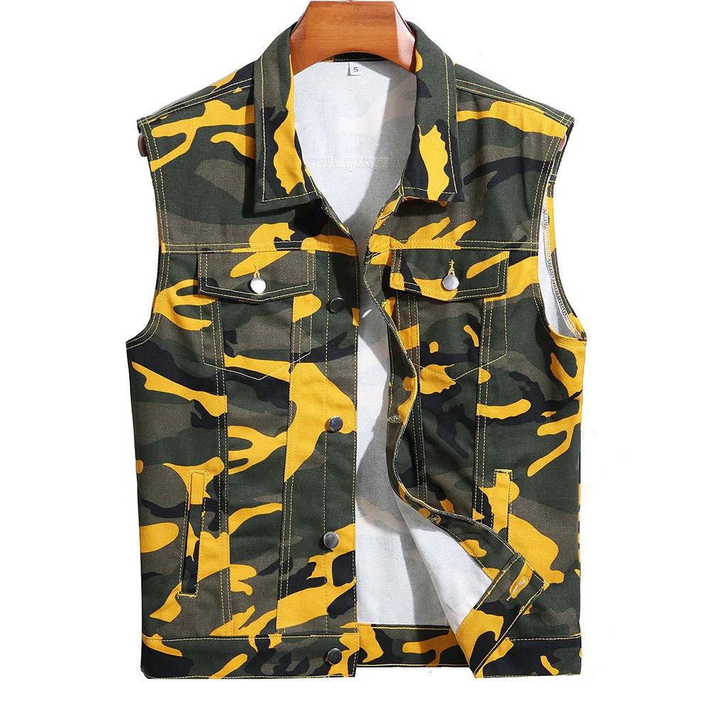 Men Camouflage Denim Vest Causal Loose Cotton Coat Streetwear Outerwear Yellow Red Green 251010