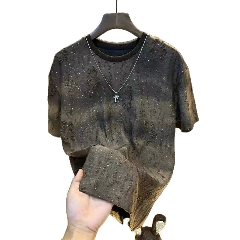 Summer New Luxury High-quality Men's Starry Designer Hoodie Sky Short Sleeve T-shirt Trendy Sequin Gradient Distressed Designer Shirt Crew Neck T