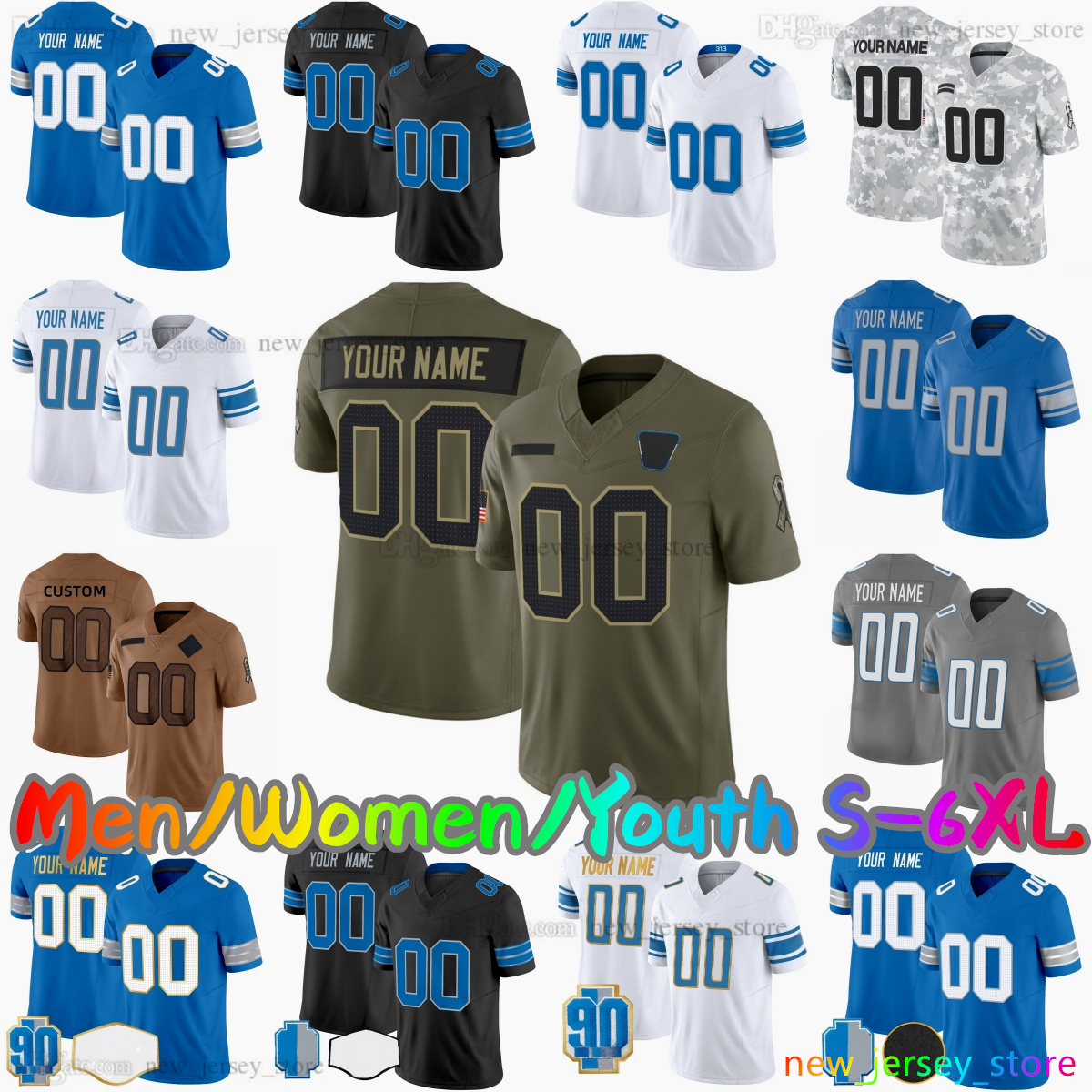 2025 Custom S-6XL DIY 16 Jared Goff Football Jersey 14 Amon-Ra St. Brown 1 Jameson Williams 0 Jahmyr Gibbs 20 Barry Sanders 5 David Montgomery 58 Sewell Stitched Jerseys