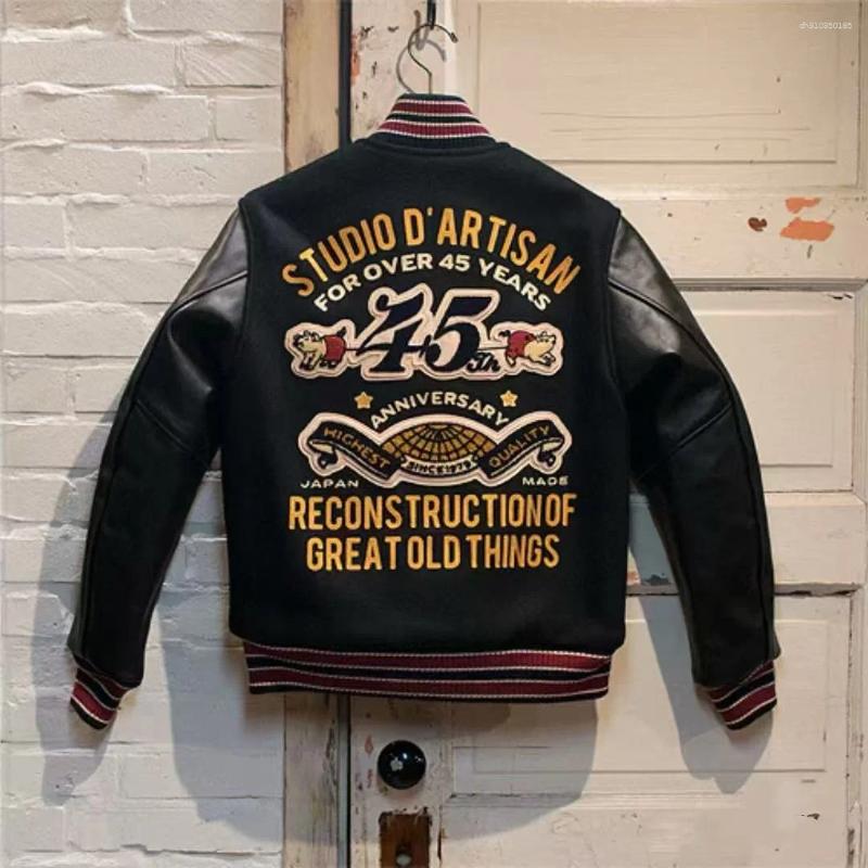 Men's Jackets Streetwear Embroidered Bomber Men Spliced PU Leather Sleelves Retro Varsity Spring Autumn Baseball Uniform Coats Motorcycle Jacket 
