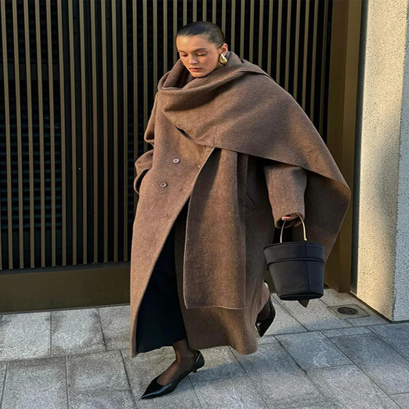 Vintage Hidden Button Long Coats With Scarf Women Casual Solid Lapel Slit Maxi Female Winter Chic Elegant Street Overcoats 241217
