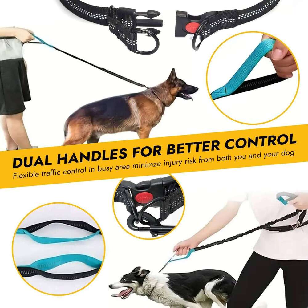 Hands-free running leash with adjustable belt, double handle elastic strap retractable rope for medium and large dog