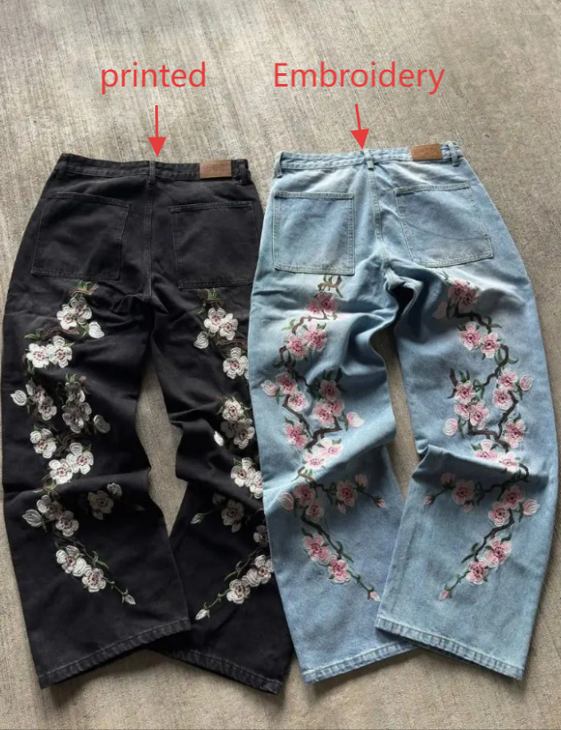 Men's Jeans Streetwear Retro Hip Hop Flower Embroidery Pattern Y2k Men And Women Casual Black Baggy Low Rise Gothic Denim Pants