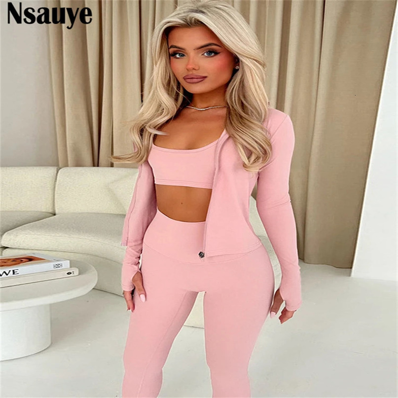 Nsauye Womens Sports and Leisure Track Field Wear Long Sleeve Sexy Tshirt Crop Top High Waist Tight Pants Two Piece Set 241008