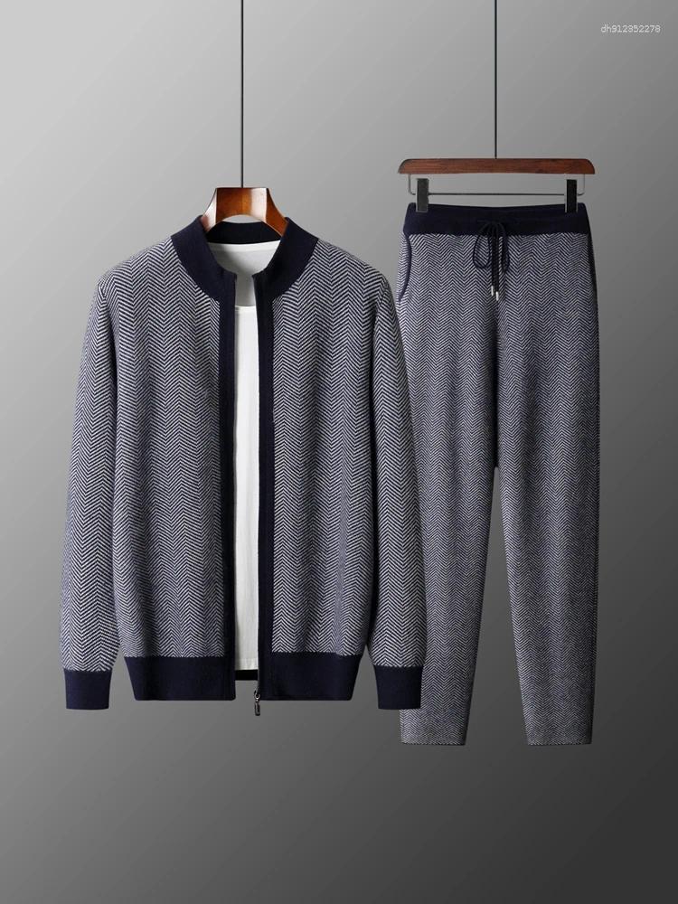 Men's Tracksuits Sweater Set Merino Wool Cardigan Pants Autumn Winter Clothes Jacket Pencil Pant Suit Thick Mock Neck Ensemble