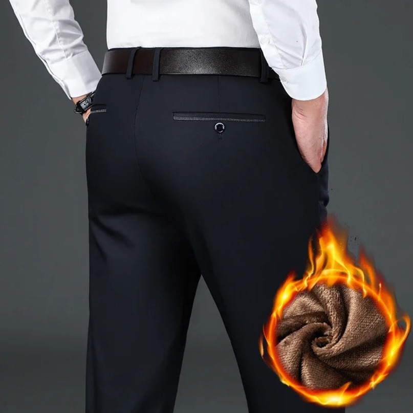 Flannel thick mens casual pants Navyblue winter wool business elastic warm plush Trouser ultrathin straight 241115
